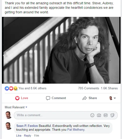 Screenshot of Pat Metheny’s February 2020 Facebook statement on the passing of Lyle Mays, part 2